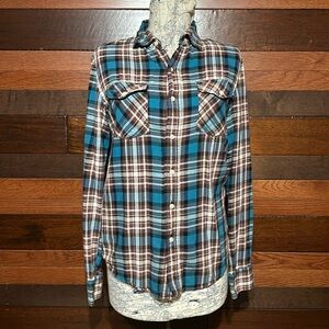 Coastal Collared Long Sleeve Blue and Brown Plaid Button Down Flannel